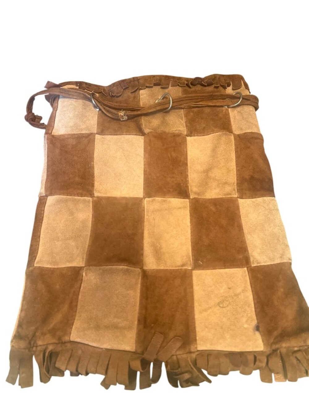 70's Patchwork Suede Drawstring  Bag Fringe Details - Brown & Tan BoHo READ